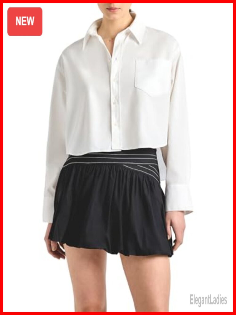 Cropped Button Front Blouse with Pointed Collar and Long Sleeves